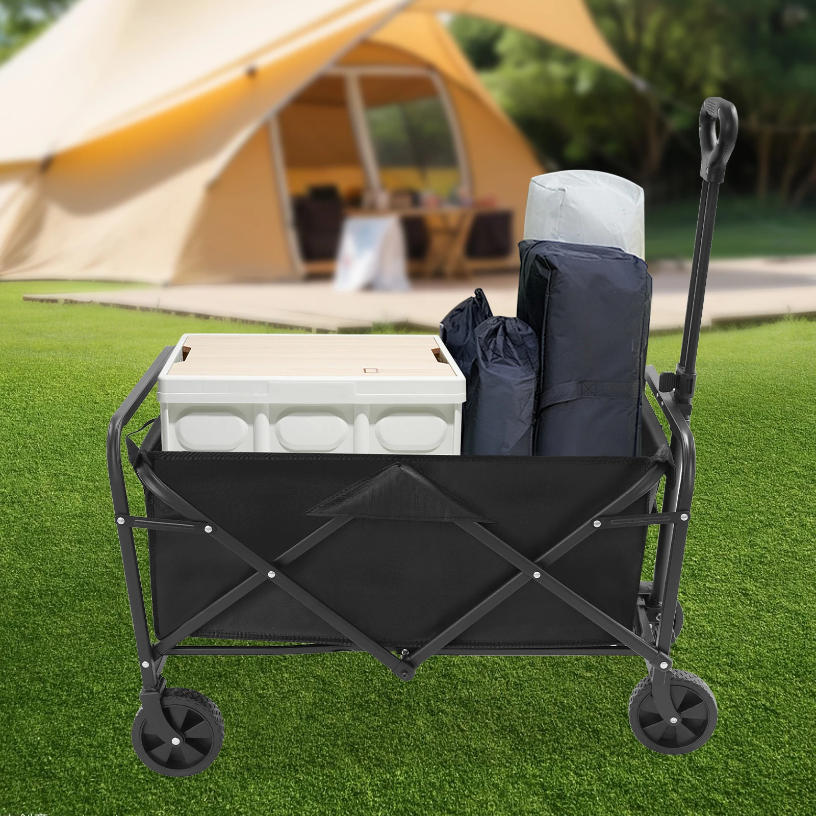 253LBS Zusammenklappbarer Bollerwagen - Faltbarer Mehrzweckwagen mit Großer Kapazität für Outdoor-Camping/Strand/Einkaufen (Schwarz) – Detail 5