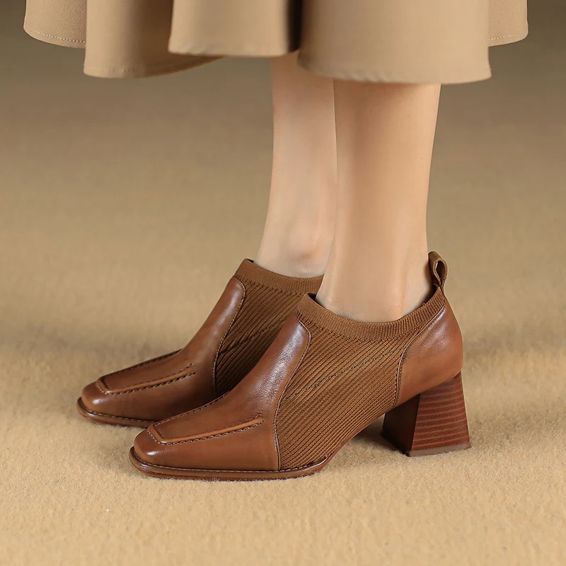

2023 autumn women pumps natural leather22-25cm cowhide+Elastic fabric+pigskin loafers mixed color Retro low heel women shoes