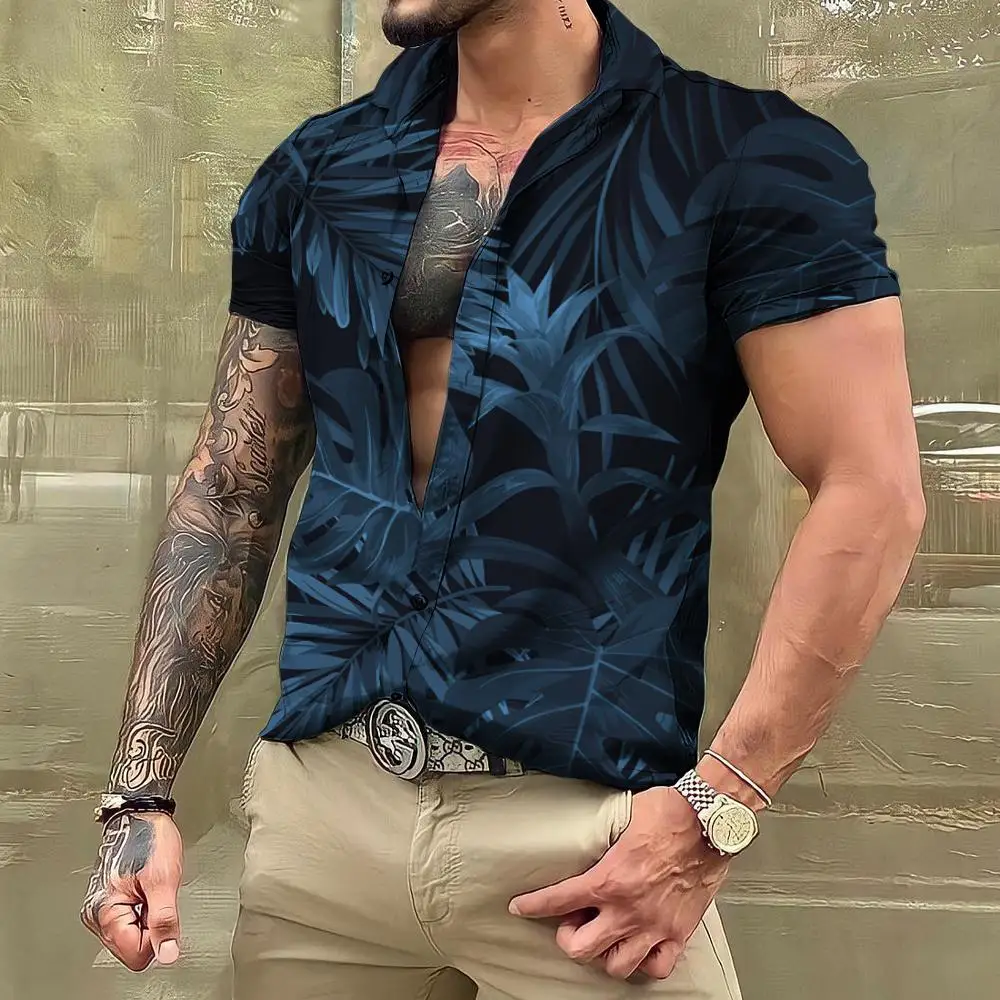 2024 Hawaiian Leaf Plant Shirts For Men Floral Short Sleeve Casual Oversized Tops Social Everyday Streetwear Clothing Tropical 2