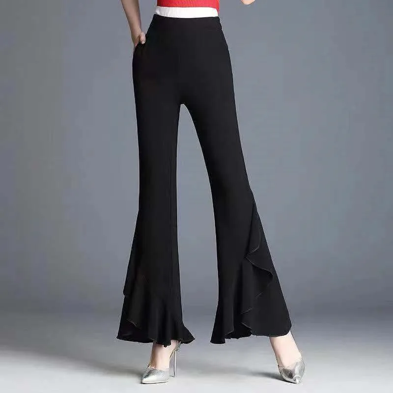Spring Autumn Korean High Waist Pants Women Slim Irregular Ruffles Elastic Waist Flared Pant Female Chiffon Trousers Black