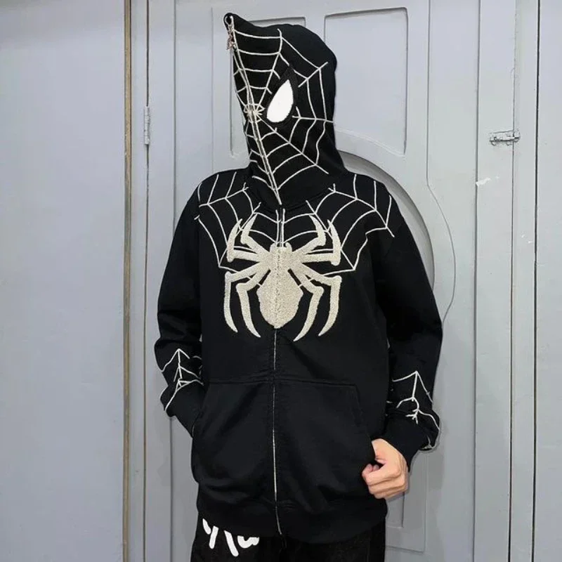 

Y2k Gothic Dark Full Zipper Hoodies Spider Print Men Women Zip Hoody Fashion Full Face Pullove Loose Sweater Coat Gothic Clothes