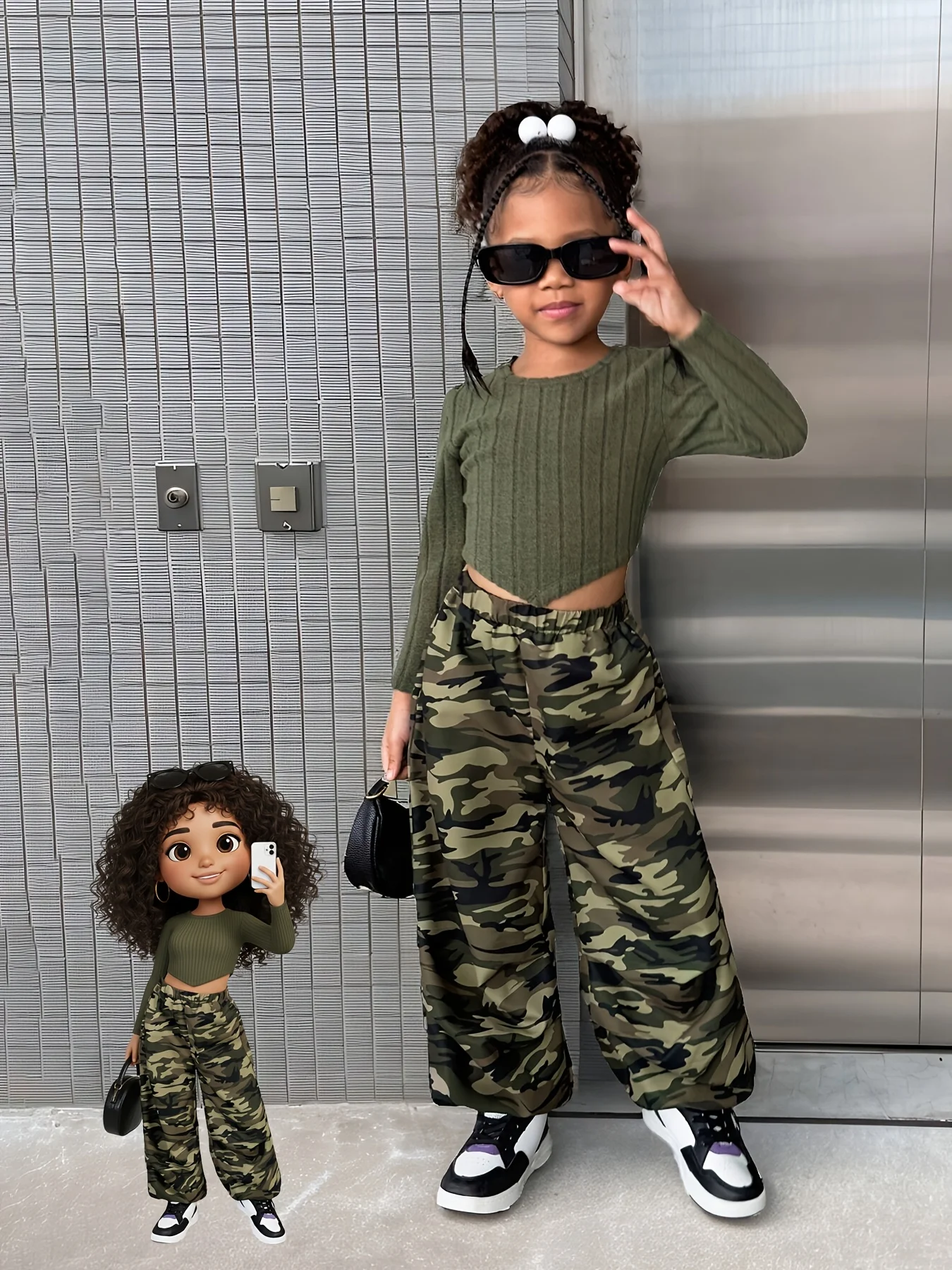 Freizeitoutfit für Mädchen: Sportliches, lässiges Strick-Langarmshirt und lange Hose mit Camouflage-Print, 2-teiliges Set, geeignet für Kinder im Alter von 4-12 Jahren, vielseitige Kleidung für Zuhause und Ausflüge.