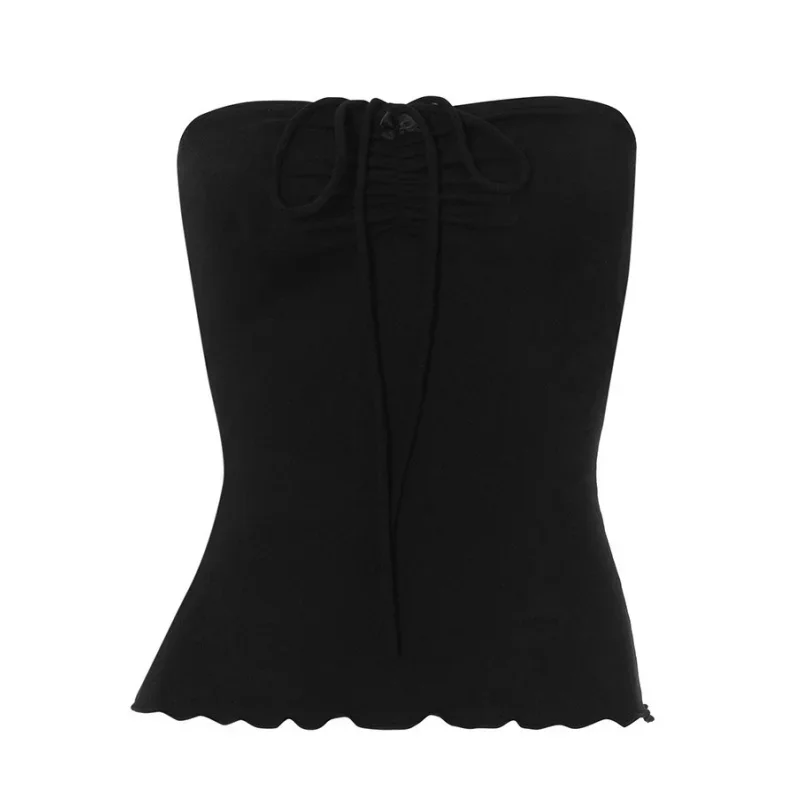 Top de una pieza informal corto con dobladillo enrollado para mujer, moda de verano, top bandeau de color liso, top sexy con cuello de encaje y sin mangas.