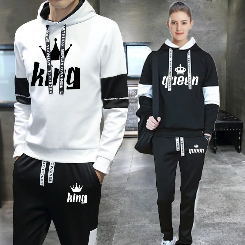 2023 Couples Hooded Tracksuit King or Queen Print Lovers Hoodies Sets Sweatshirt +Jogging Sweapants 2PCS Suits Matching Clothing 2pcs set men s tracksuit suit autumn tracksuit mens casual solid sweatpant set unisex jogging suit men s sets