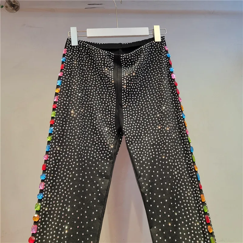 European Station Autumn Winter New Heavy Hot Drilling Side Color Rhinestone Leggings Fashion Slim Streetwear Leggings for Women
