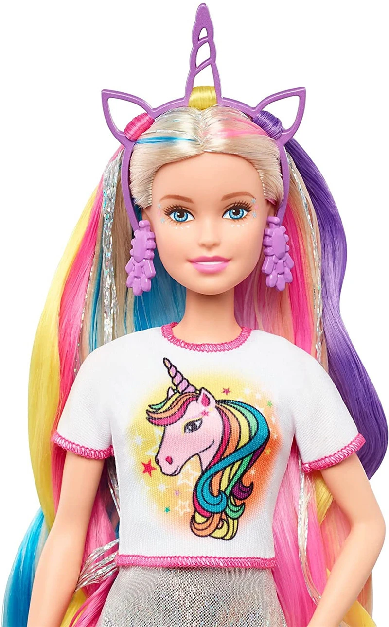 Barbie Muñeca de pelo de fantasía rubia y morena con 2 coronas decoradas,  accesorios, sirena y unicornio, Looksplus, piezas de peinado| | - AliExpress