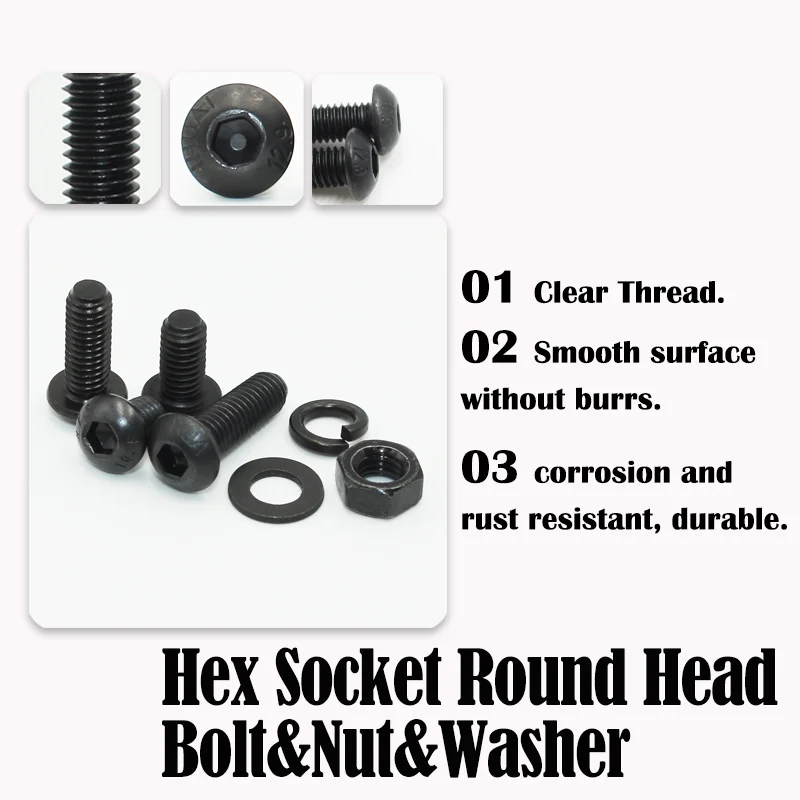 up to 2510p M2 M2.5 M3 M4 M5 M6 Round Hex Cap Screw kit 10.9 Grade Black Socket Button Head Allen Drive Screws Bolt Nut ISO7380