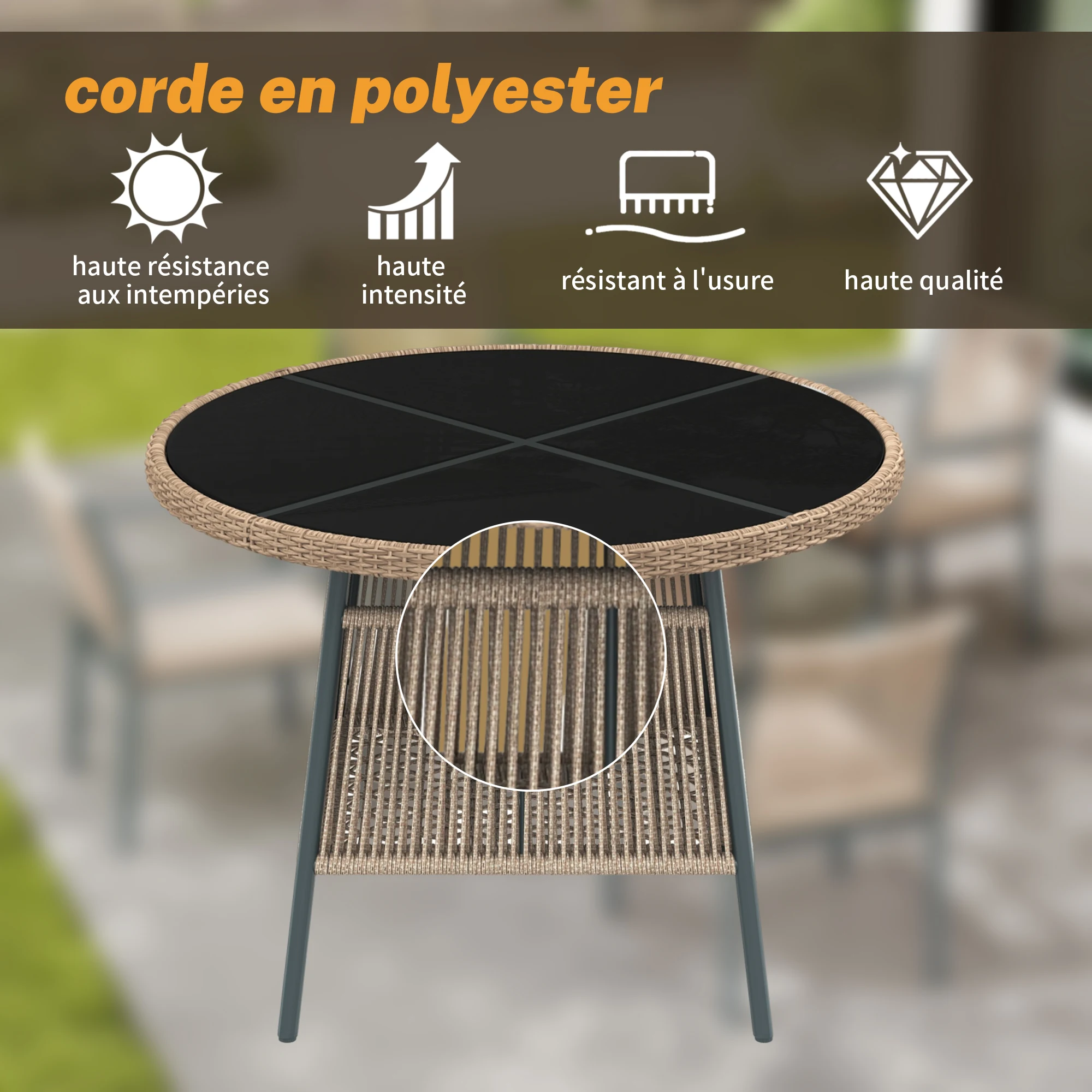 Modernes Rattan-Gartenmöbel-Set, runder Glastisch + 4 Sessel, Eisenrahmen, geeignet für Terrasse/Balkon/Deck – Detail 16