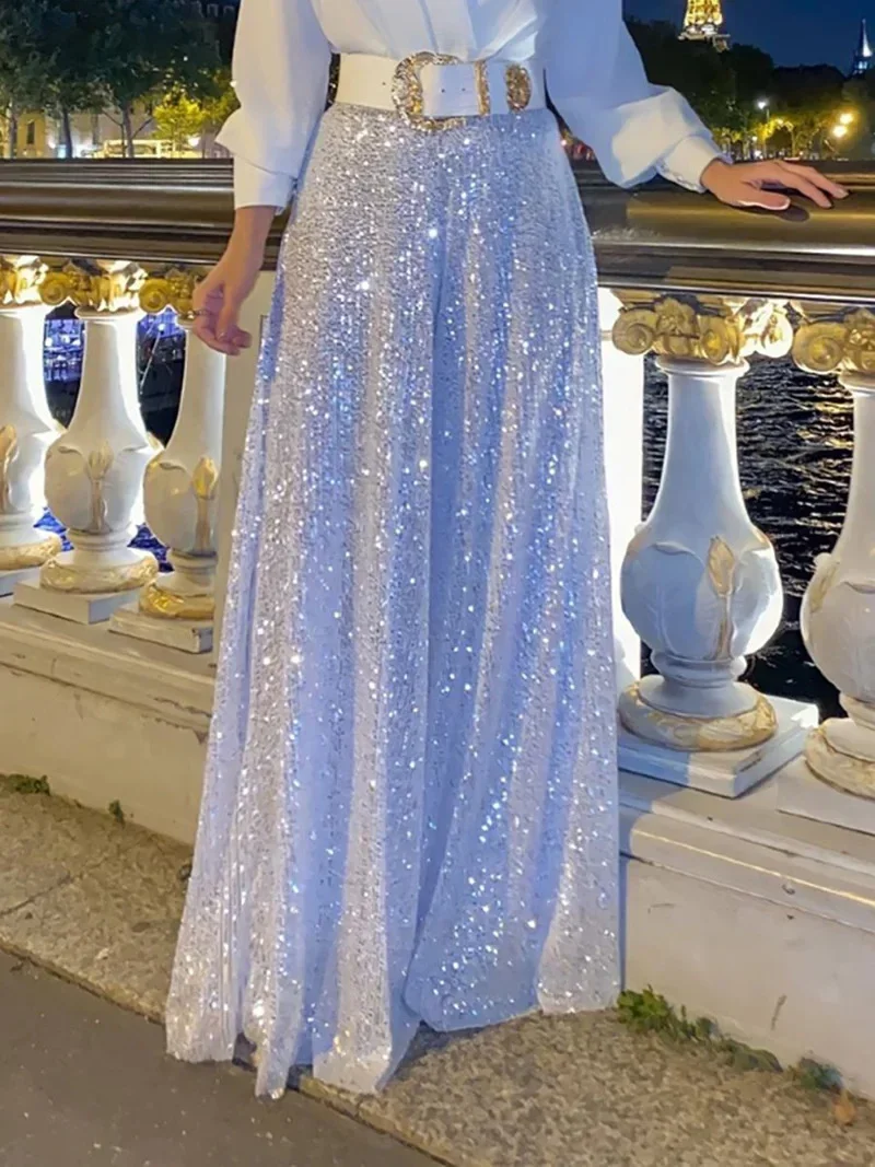 Wide Leg Pants Rompers Female Elegant Temperament Evening Jumpsuits Sequin Fashion Shirt Jumpsuit Women Party V-Neck Long Sleeve