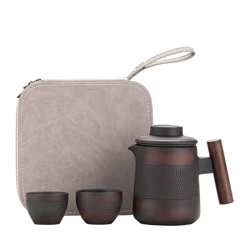 High end Purple Pottery Retro Tea Set Outdoor Travel Tea Set Portable Kungfu Tea Teapot Small Package Birthday Gift