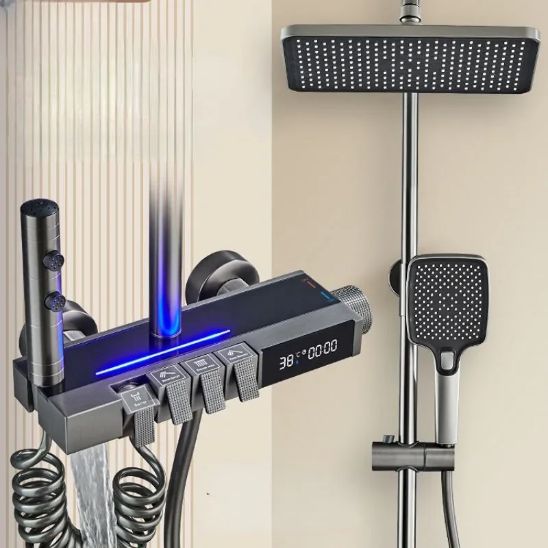 Shower Set Brass Shower Faucet Set Digital Display Thermostatic Bathroom Pressurized Water Ash-plated System