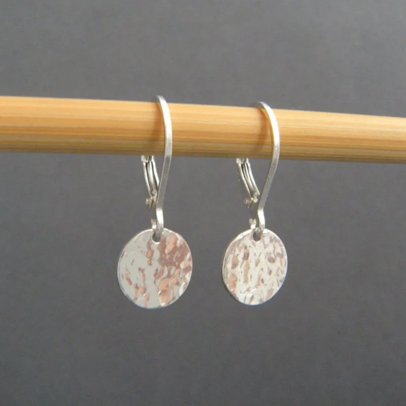 Tiny Sterling Silver Dangles Hammered Circle Earrings