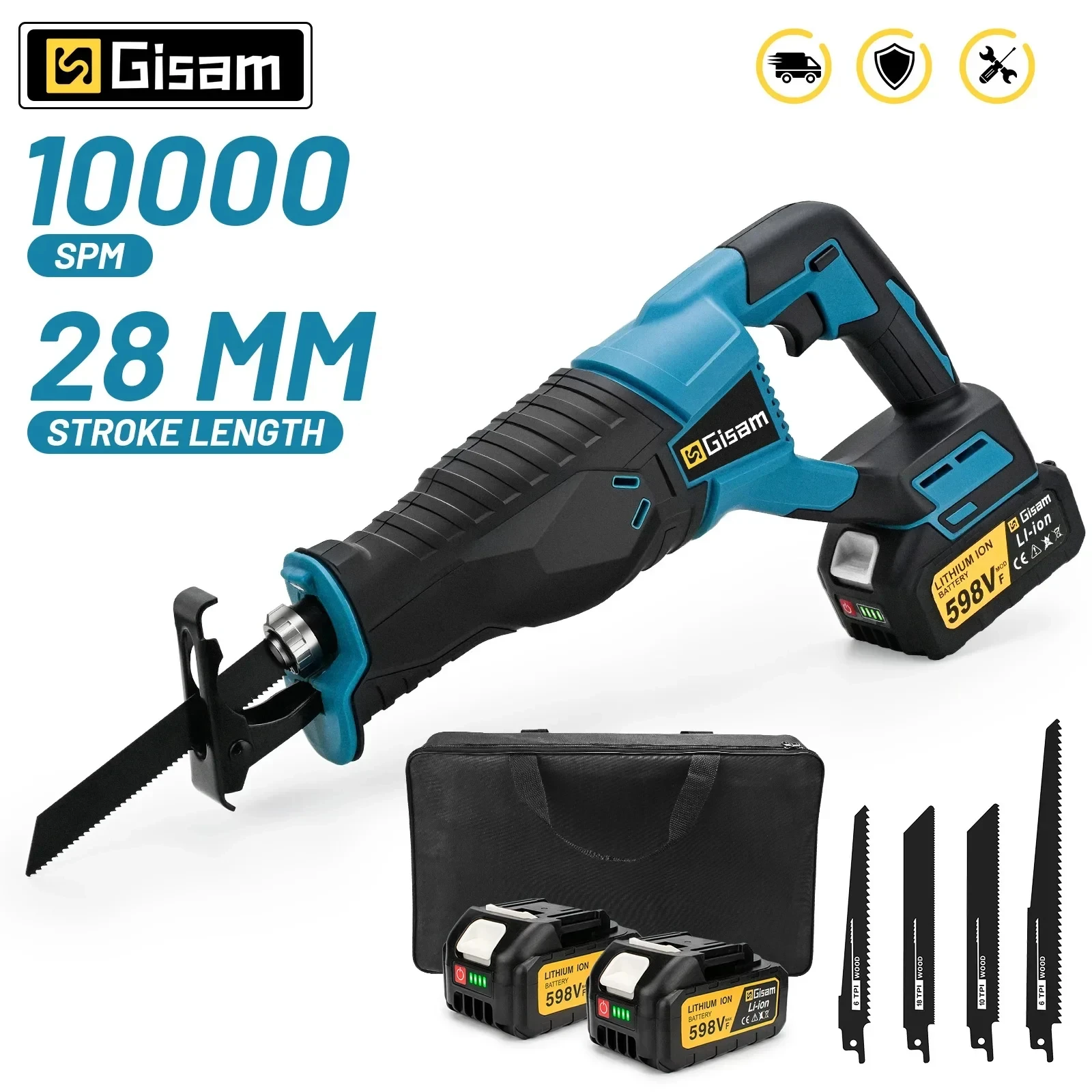 GISAM Serra Sabre Elétrica 3000W 10000SPM, motosserra portátil sem fio, ferramenta compatível com pino de bateria Makita 18V