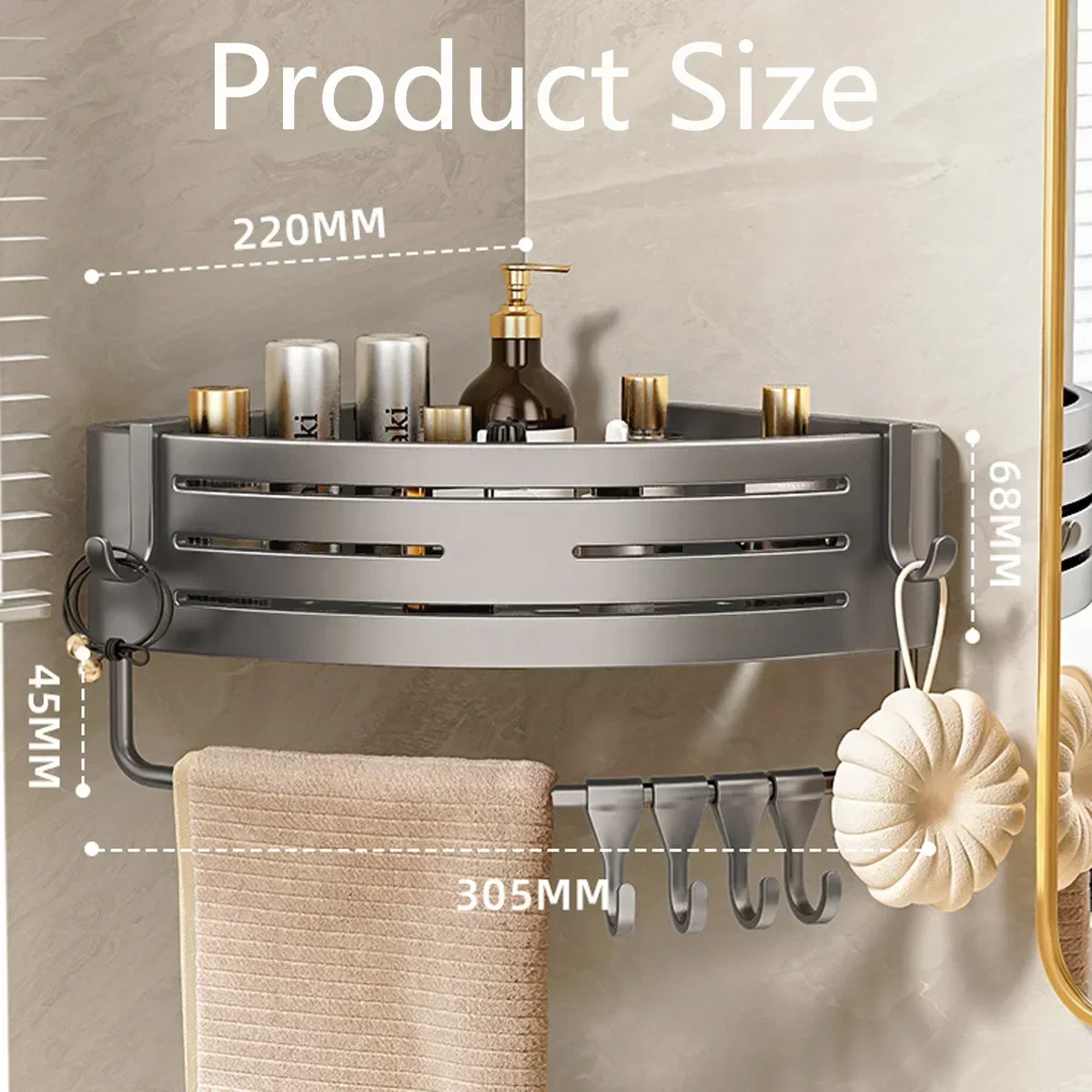 1-2PCS Shower Corner Shelf with Towel Bar Hook Space Aluminum Bathroom Shelf Without Drilling Shampoo Holder Bathroom Accessorie 2