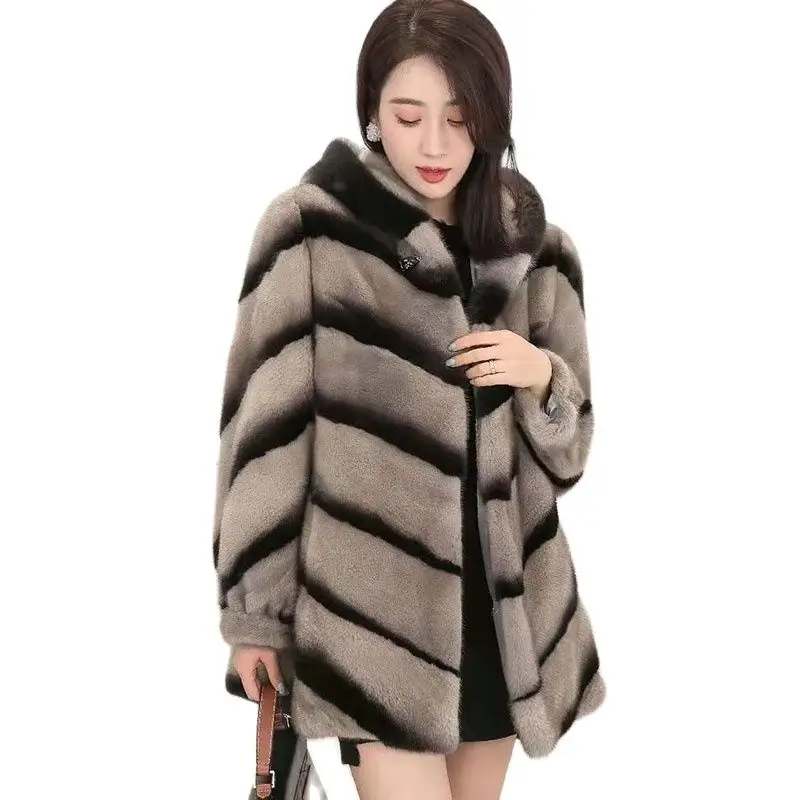

Haining 2022 New Imported Imitation Mink Temperament Coat Winter Hooded Loose Coat Women's Full Mink Basic Striped Coat WomenTid