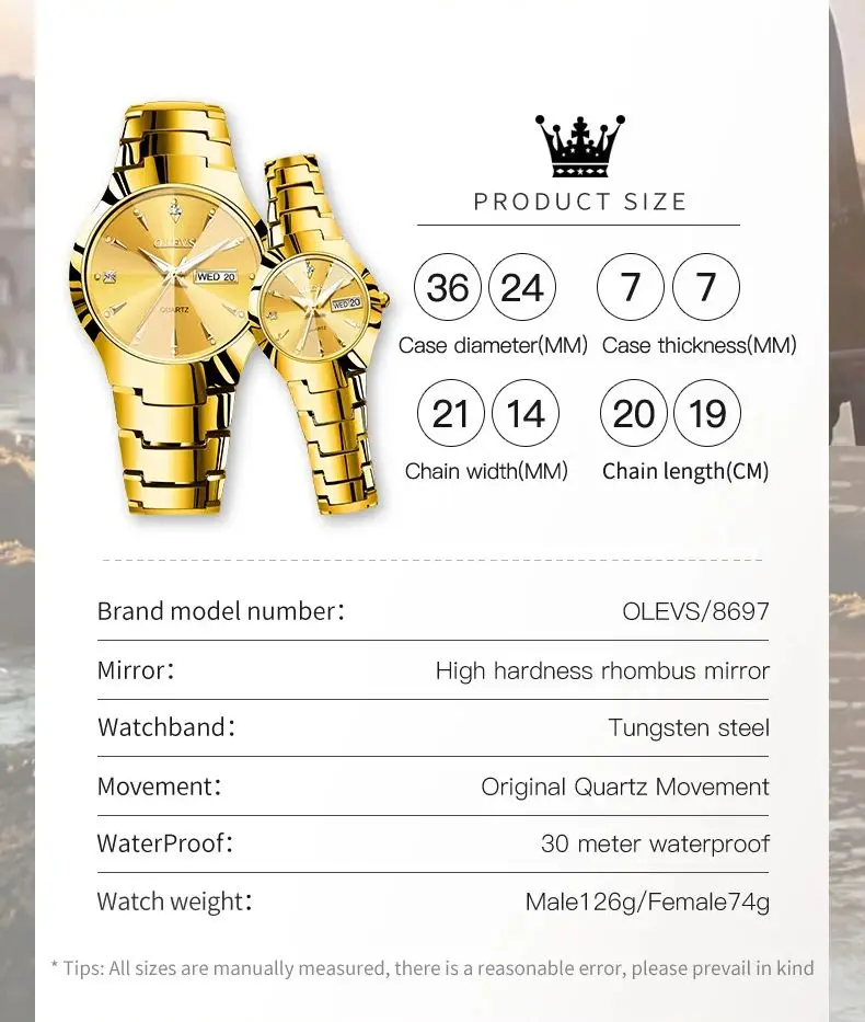 OLEVS 8697 Watch For Men Women Luxury Quartz Couple Watch Dual Calendar Waterproof Watches Tungsten Steel Strap Rhombus Mirror