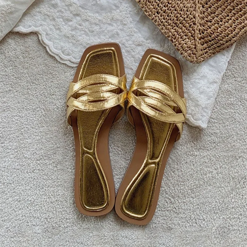 Square Toe Open Toe Flip Flops Summer Flat Bottoms, Golden Retro Semi Slipper Style, Wearing Sandals for Women's External Wear