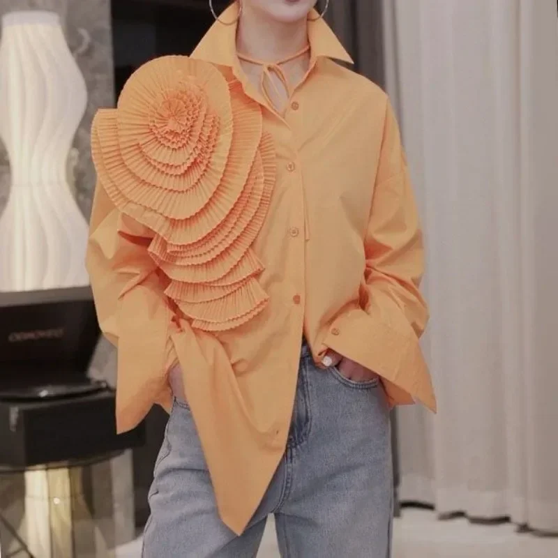 Pleated Three-dimensional Big Flower Women Blouses Long Sleeve  2024 Chic Lapel Solid Color Ladies' Shirt