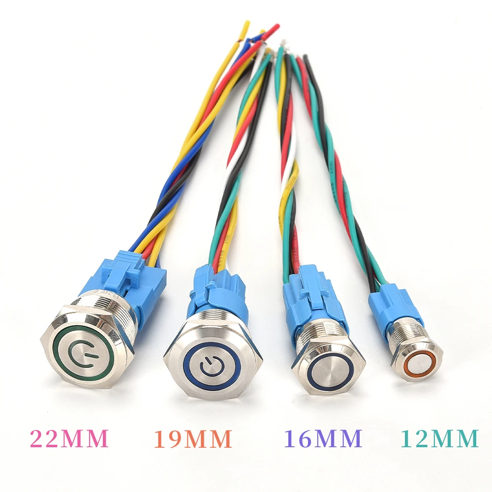 방수 금속 푸시 버튼 스위치 LED 라이트, 순간 래칭 자동차 엔진 전원 스위치, 레드 블루, 3V, 5V, 12V, 24V, 220V, 12, 16, 19mm