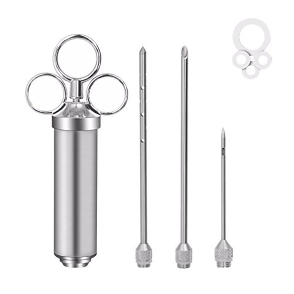 Marinade Meat Injector Stainless Steel BBQ Injector Syringe 2 Ounce Capacity with 6 Needles Silicone Brush