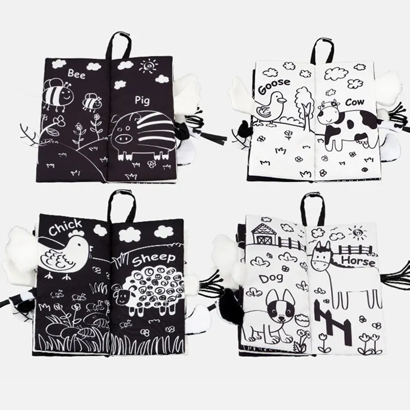 

Black White Visual Baby Book For Newborns Soft Animals Tail Cloth Book Baby Rattle Toys Early Educational Cognition Baby Toys