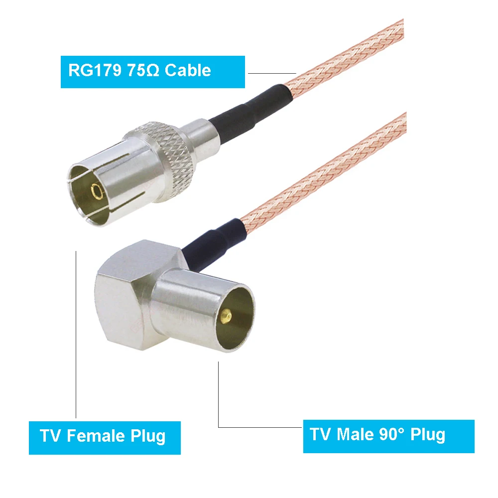 75Ohm RG179 Cable TV Male to TV Female 90° Right Angle Plug 75Ω RG