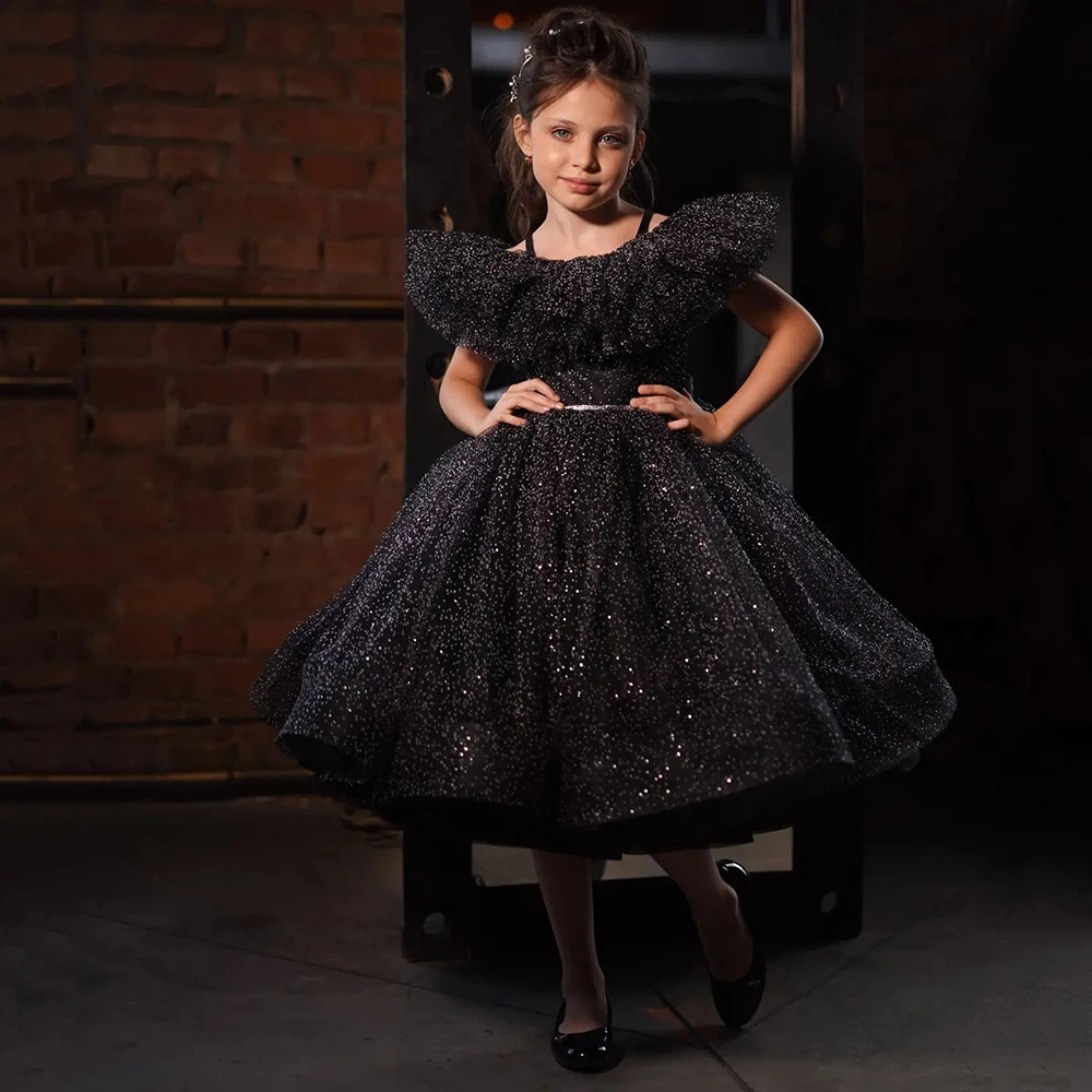 

Girls Princess Party Dresses Sparkling Tulle A Line Tea Length First Communion Gown Black Wedding Flower Girl Dress