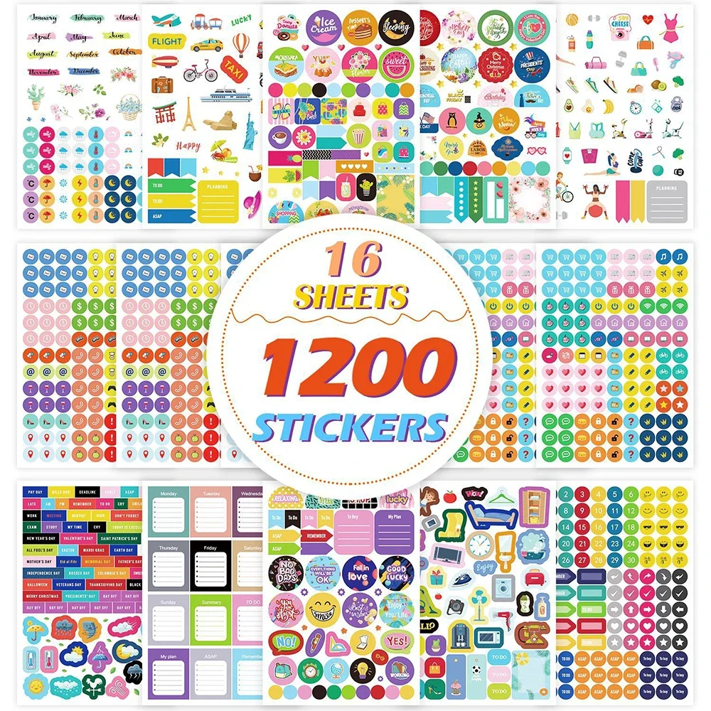 16 Sheets/1200Pcs Planner Sticker DIY Scrapbooking Diary Calendar Handbook Decorative Stickers Stationery 50 sheets pack kawaii animal bear decorative coil sticker book scrapbooking label diary stationery album phone journal planner