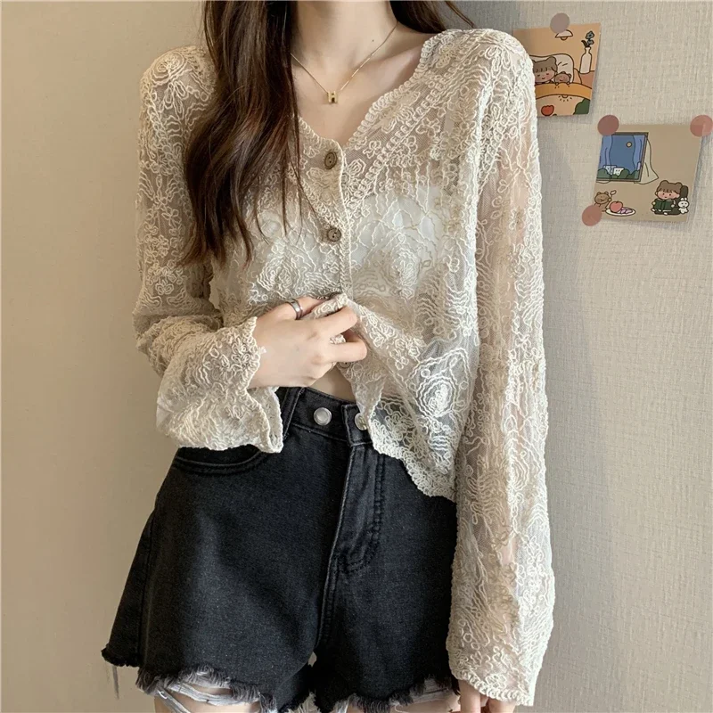 Vintage Summer Lace Blouses Women See Through Sheer Long Sleeve Sun Shirts Korean Style Casual Sun Protection Sexy Ladies Tops 1
