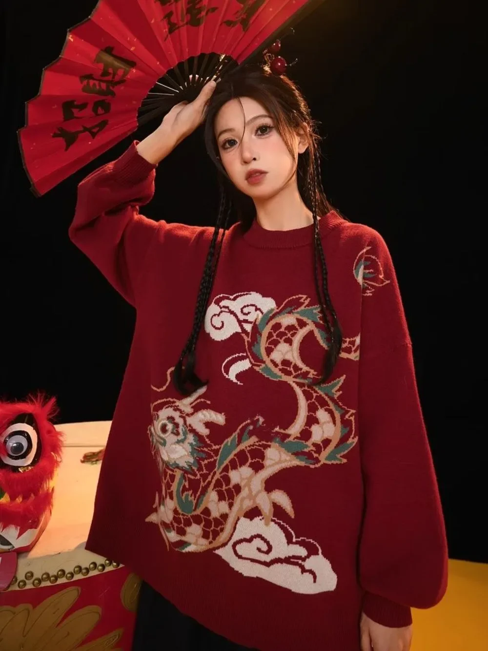 

Autumn Dragon Year New Year red jumper female autumn and winter loose national style fashion round neck knit sweaterjacketfemale
