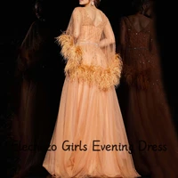 Flechazo Scoop Neck Tulle Evening Dress with Beading and Feathers Illusion Cloak Three Quarter Women Floor Length Party Gowns - Image 4