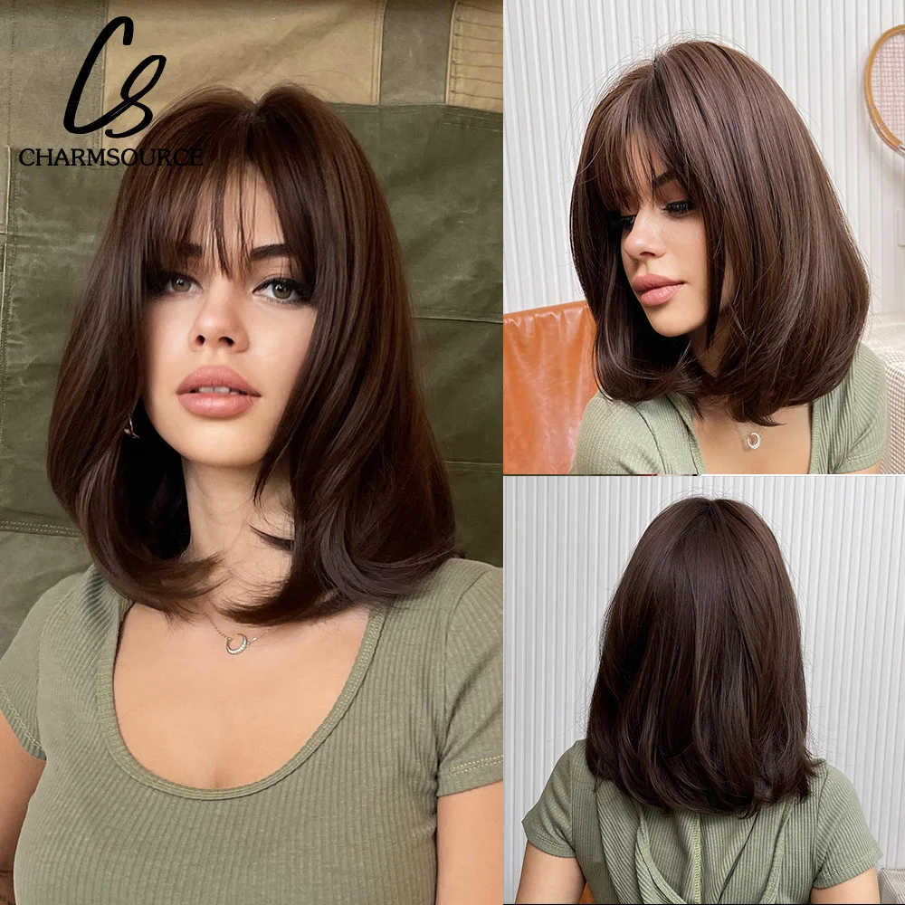 Short Medium Bob Wig Natural Wavy Hair with Bangs Dark Brown Synthetic Wigs For Women Daily Party Cosplay High Temperature Fiber shisha water smoke hookah medium double pipes tubes for bar party water smoke bottle full set hookah