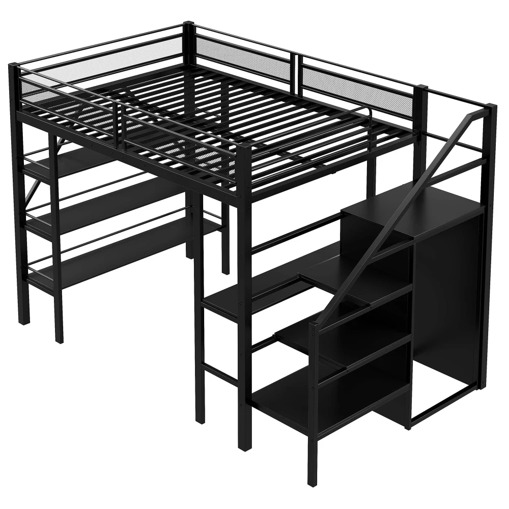 Hochbett aus Eisen 140*200cm, Dreischichtige Aufbewahrungsschiene, Schreibtisch, Kleiderschrank, Sicherheitsstufen mit Staufach, Hoher Zaun – Detail 19