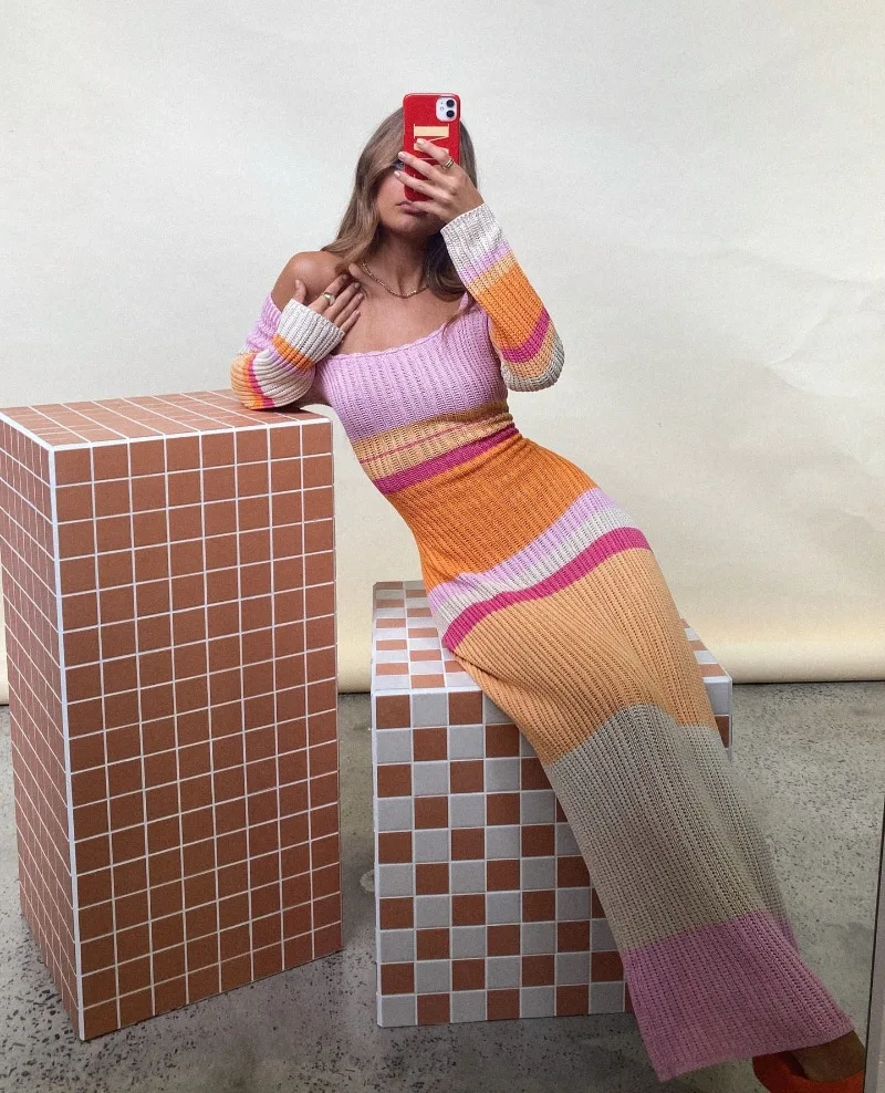 Hollow Out Knitwear Striped Maxi Dress For Women Contrast High Waist Long Sleeve Elegant Holiday Autumn Long Dress Female