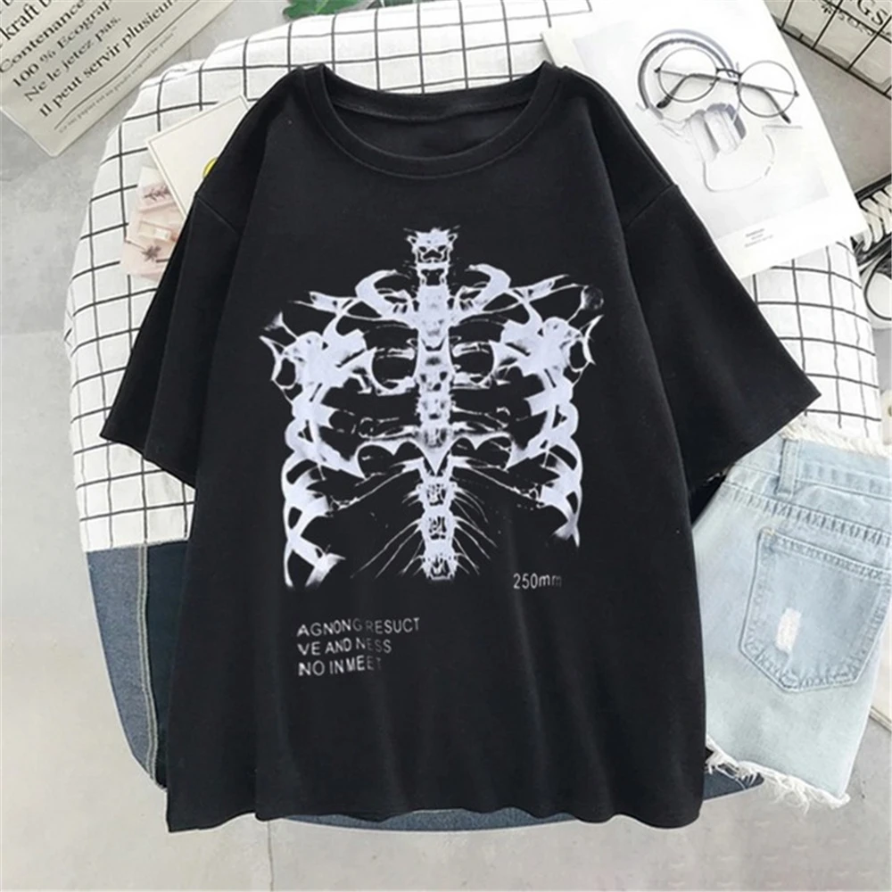 Women's Dark Skull Bones Heart and Lung Print Funny Skull T-shirt Girl Ladies 90s Top Streetwear Short Sleeve Tshirts friends t shirt