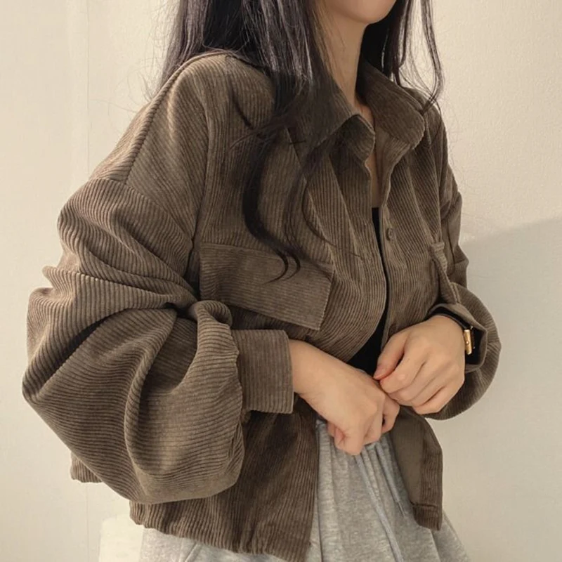 여성용 코듀로이 재킷, 빈티지 한국 스타일, 단색 코트, 싱글 브레스트, 단추 업, 긴 소매, 루즈 스트리트웨어, 가을