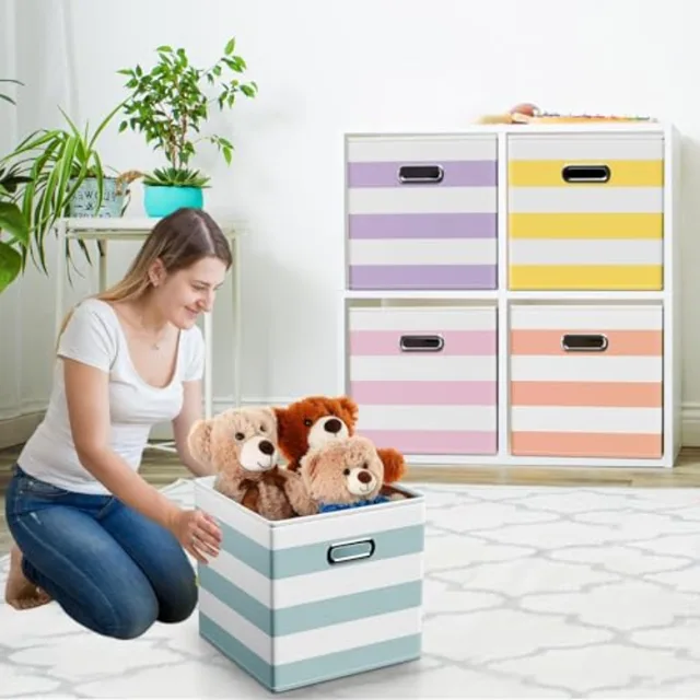 6 Pcs Fabric Storage Cubes with Metal Handle ed Style Collapsible Bins Organizer for Books Room Closet Toys School Nursery Gift