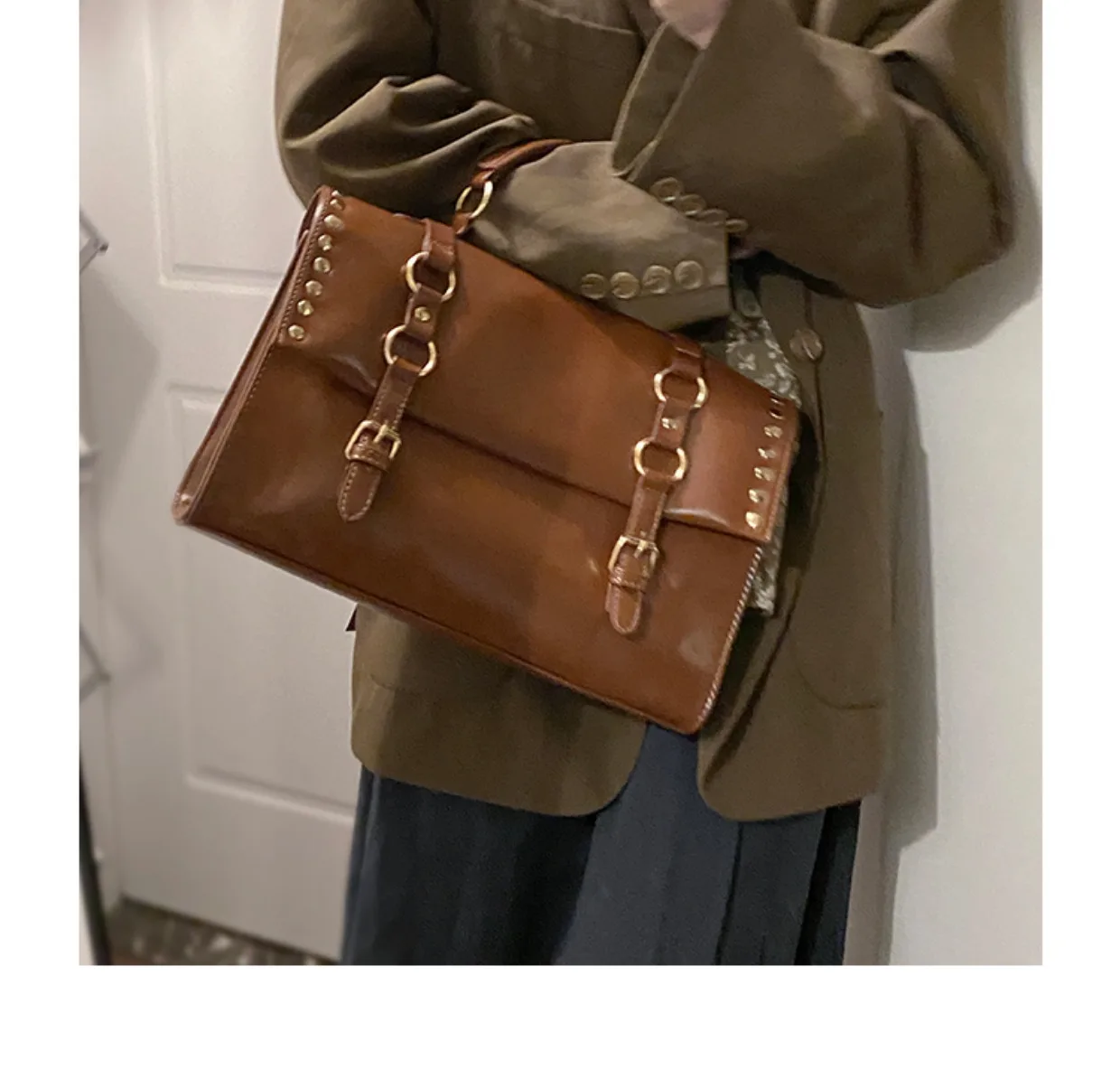 JIAERDI Y2k Grunge Brown Messenger Bag Women Rivet Chic Large Capacity Crossbody Bag Ladies Retro Luxury Designer Handbag 2025