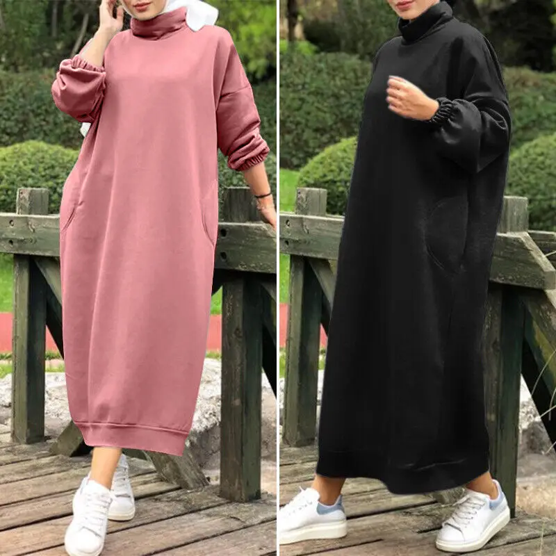 Muslim Abayat Dress for Women, High Neck, Long Bodysuit, Monochromatic, Casual, Warm, Autumn, Winter, New, 2022