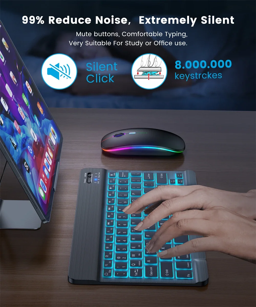 Compact 10-Inch Backlit Wireless Keyboard and Mouse Set for Tablets and Smartphones