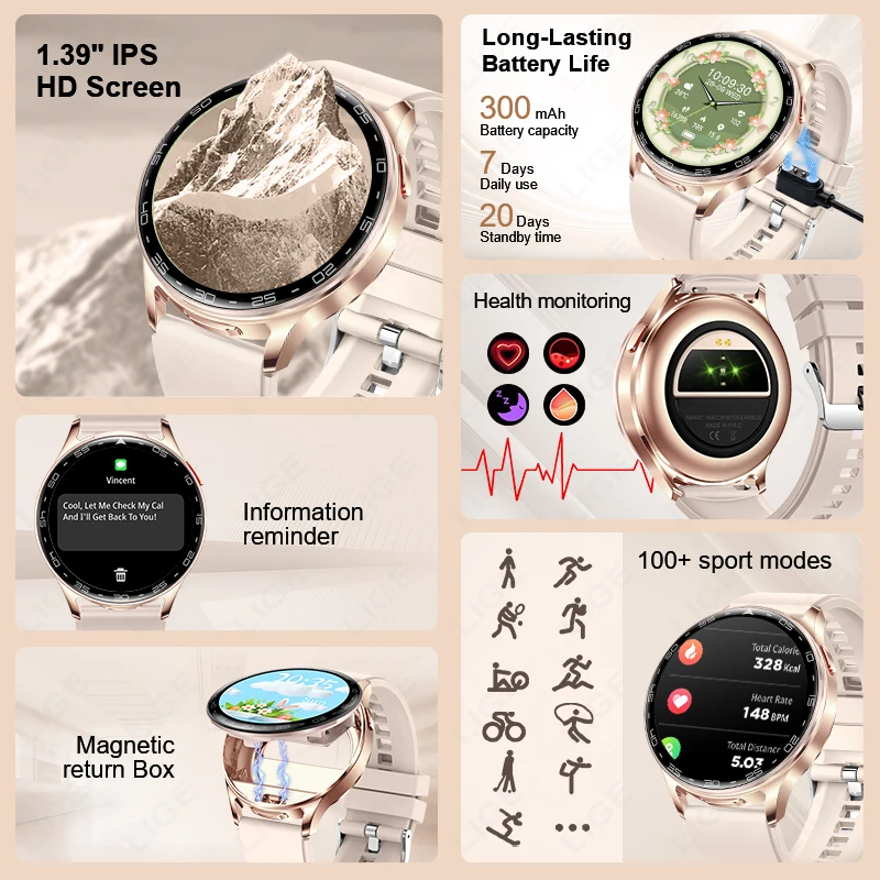 LIGE 2 In 1 TWS Headset Smart Watch 1.39" Women Men Sport Fitness Heart Rate Health Tracker Watches Earphone Music Smartwatch