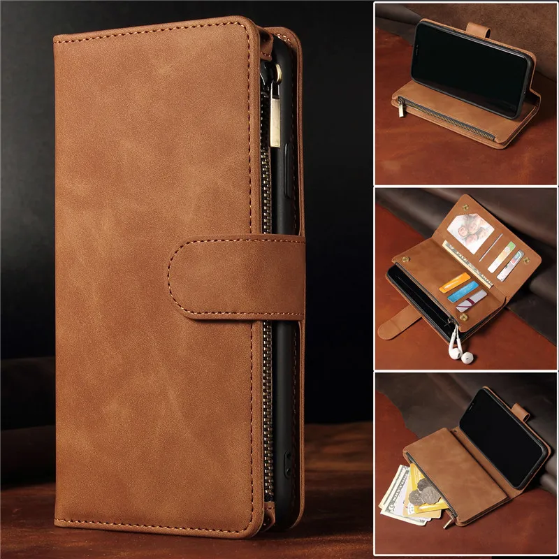 Leather Zipper Purse Flip Wallet Phone Case with Multi-Card Slots