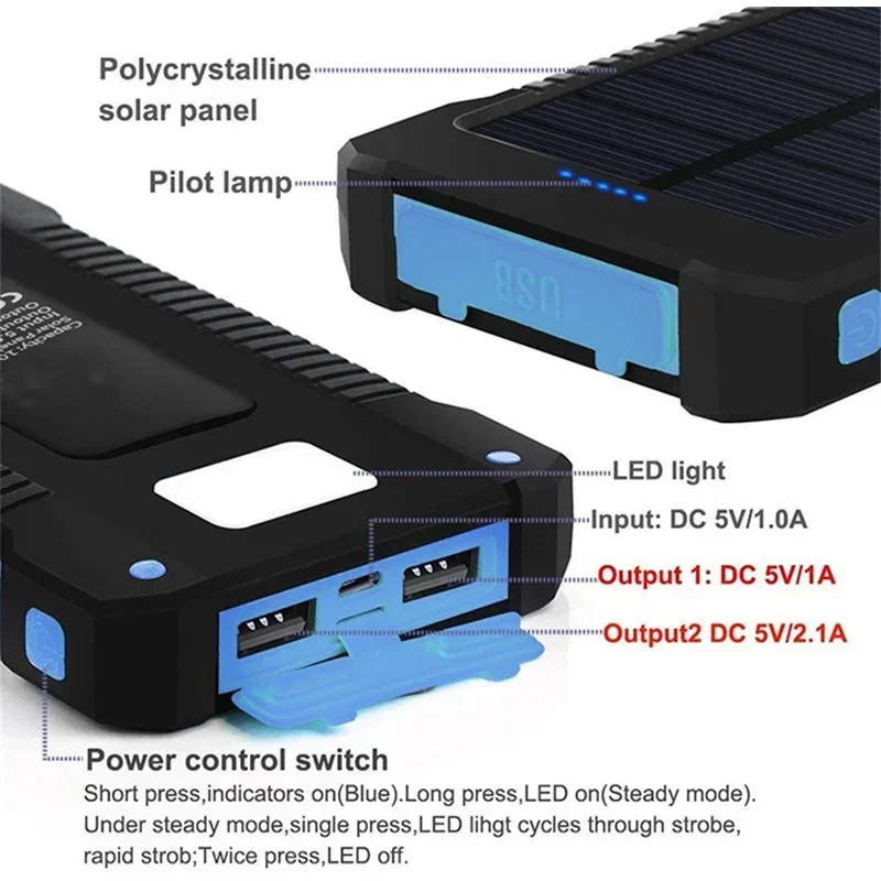 20000mAh Top Solar Power Bank Waterproof Emergency Charger External Battery Powerbank for Xiaomi MI IPhone Samsung LED SOS Light 6