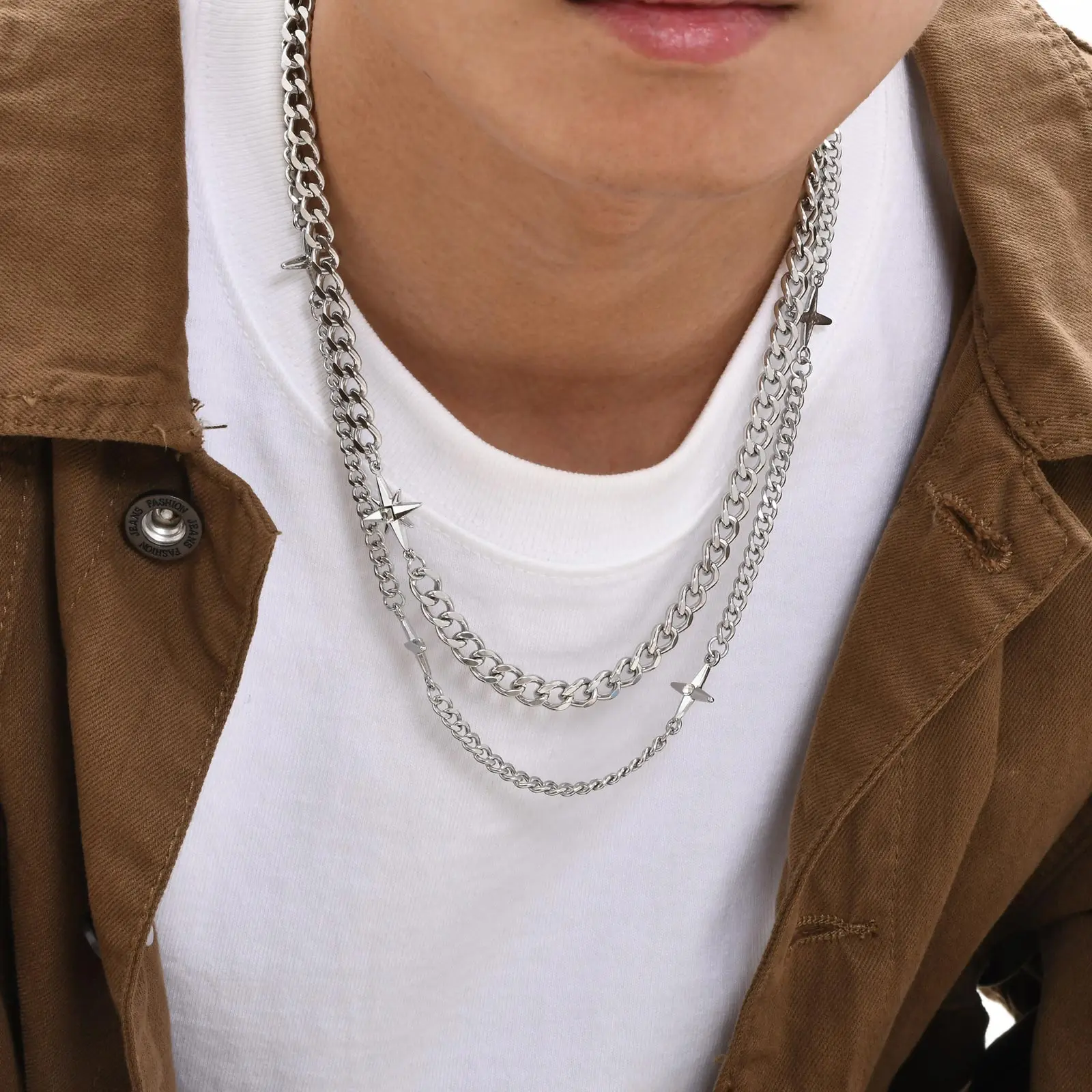 Mprainbow 2pcs/set Cuban Chain Neckalces for Men Women,7mm/4.45mm Chains Splicing Four Pointed Star Collar,Stylish Jewelry Gift