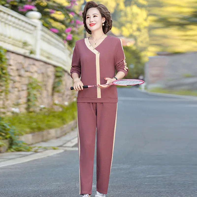 

Fdfklak New Casual XL-5XL Suit Female V Neck Long Sleeve Trousers Pantsuits Middle Aged Mother Two Peice Sets Spring Women Set