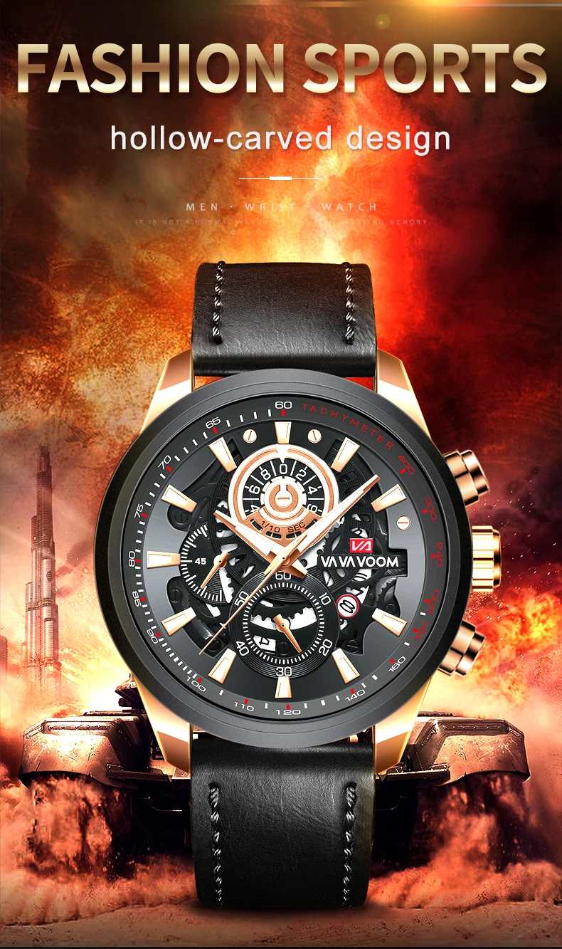 Brand Men Leather Watch Fashion Industrial Gear Clock 45mm Gold Quartz Movement Waterproof Man Military Sports Watch_voghion.com