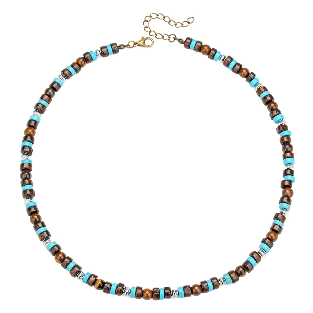 Vintage boho personality men's pine stone set necklace wood bead handmade beaded bracelet accessories 6
