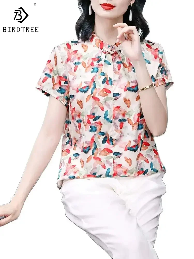 

BirdTree Stand Neck Short Sleeve Floral,91.8% Mulberry Silk Shirt for Women,Retro OL Blouse,2024 Spring New Tops,T42307QM