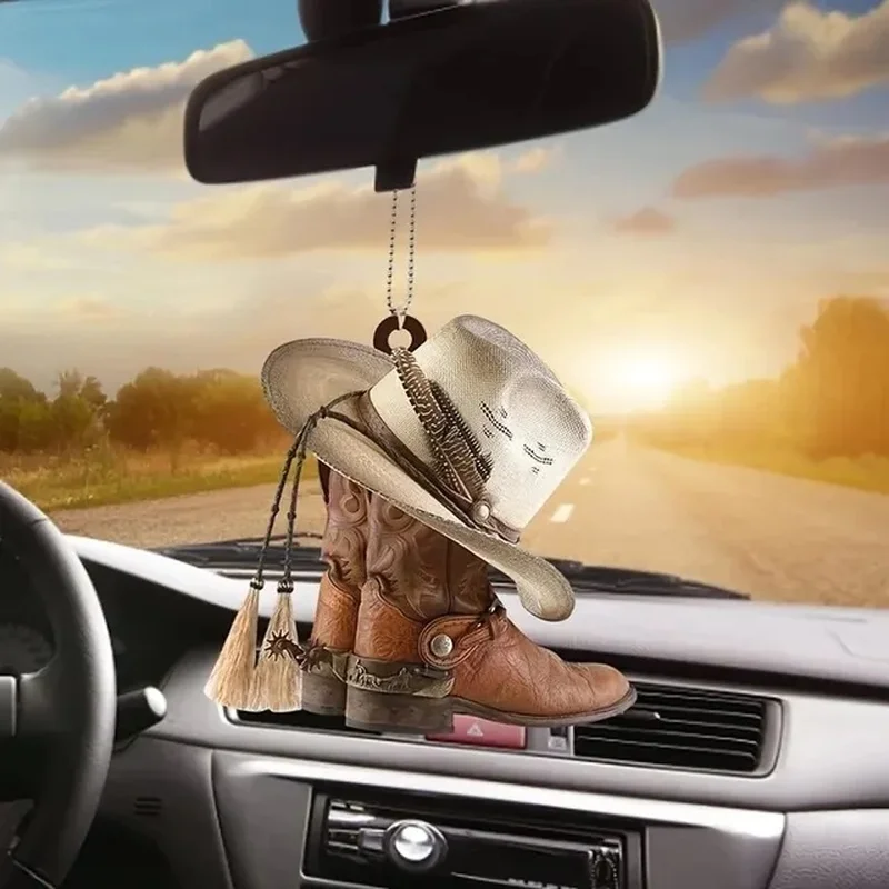 1pc Acrylic Cowboy Boots Hat 2D Flat Hanging Car Interior Accessories Horse Lover Hat Boots Wild West Car Keychain Decoration