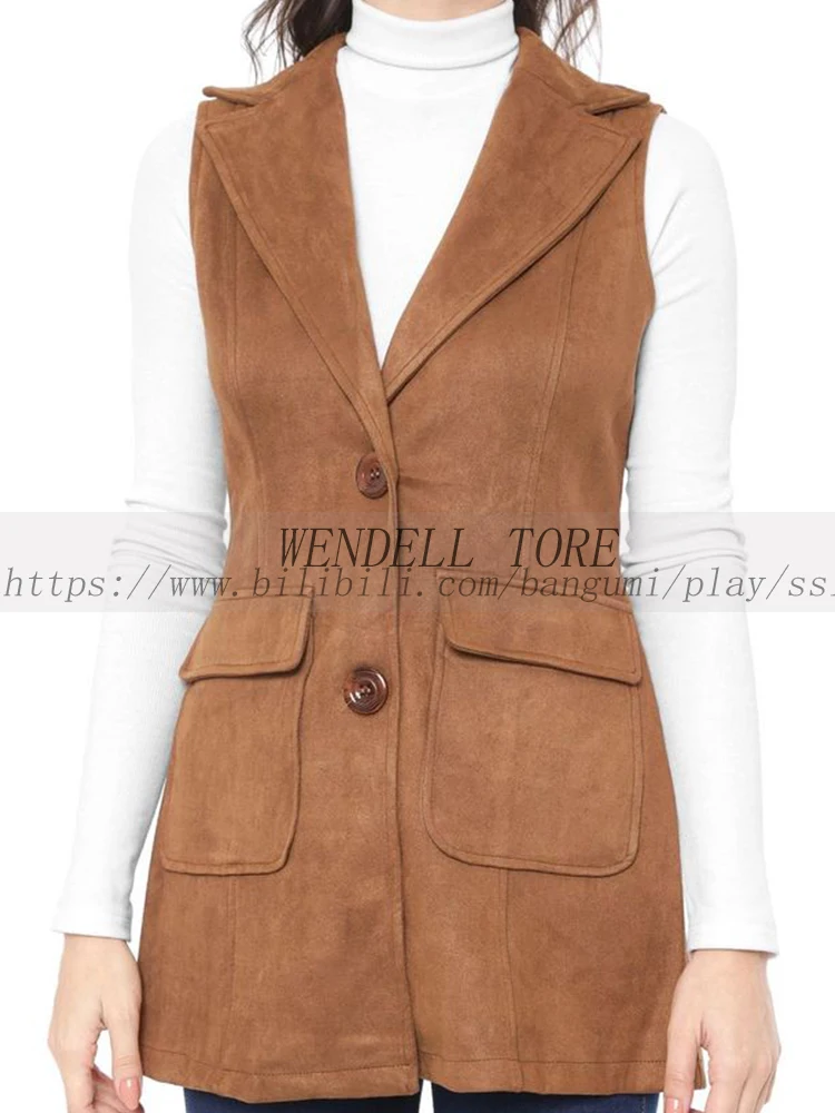 

Women's Long Suede Horse Season Fall New Slim Fit Casual Flap Pocket Solid Color Sleeveless Jacket سترات بدون أكمام